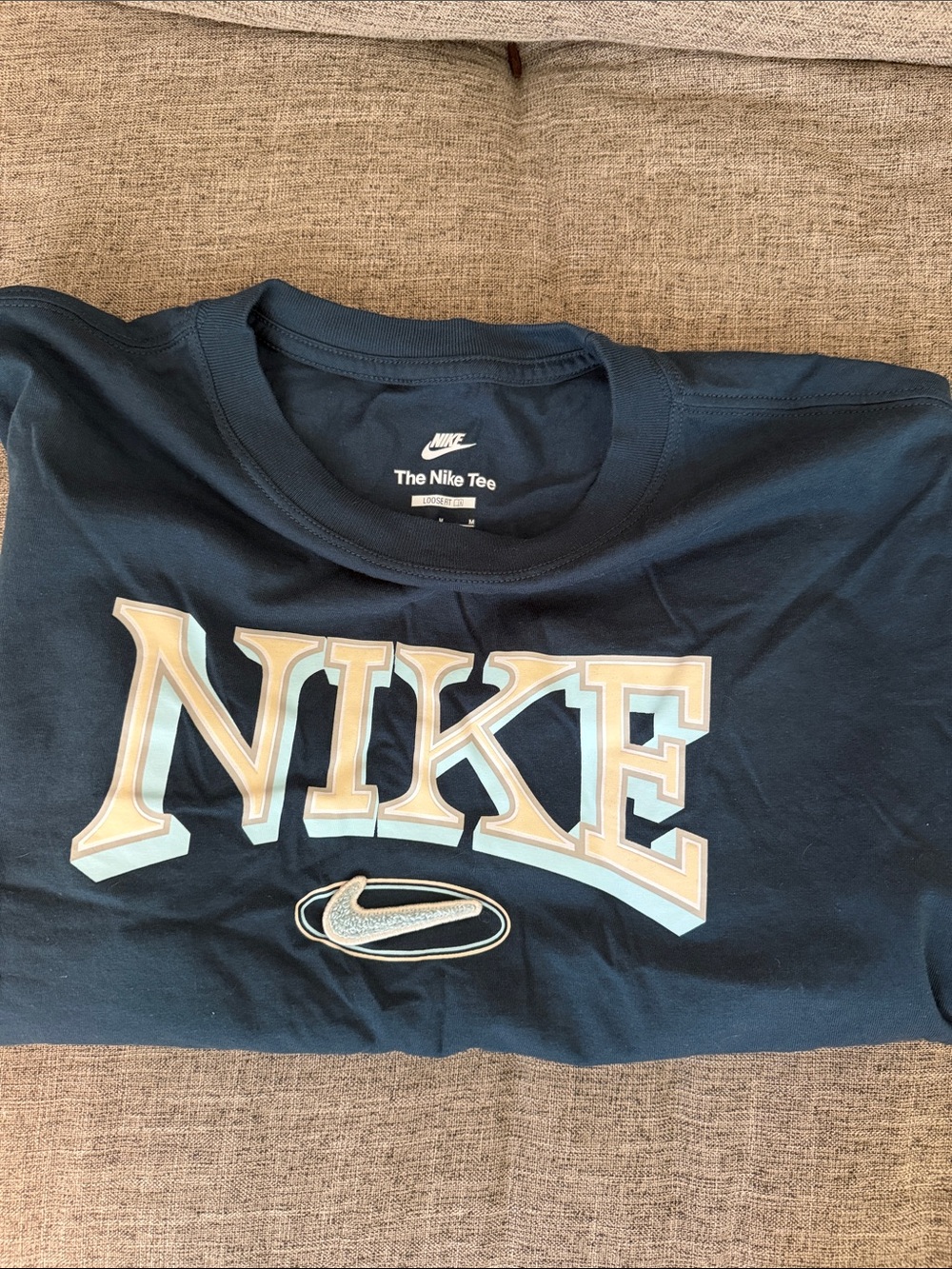 Nike Boxy Navy Tee with Beige and Light Blue Layered Logo